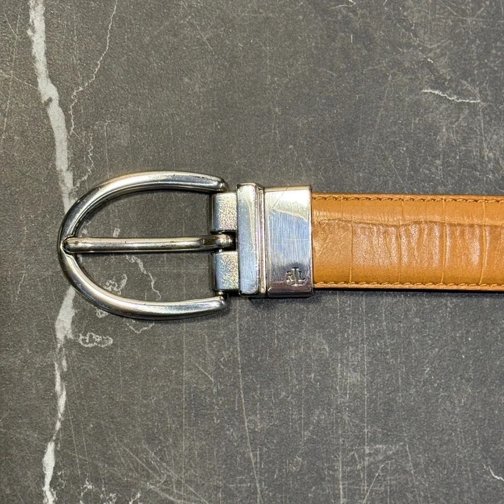 Lauren‎ Ralph Lauren Reversible Croc Embossed Belt Tan Cream Silver Buckle - 32